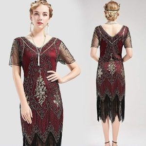 Adult Female Costumes to Hire - 1920's Gatsby Flapper Dress with sleeve - Wine Red & Black- XL